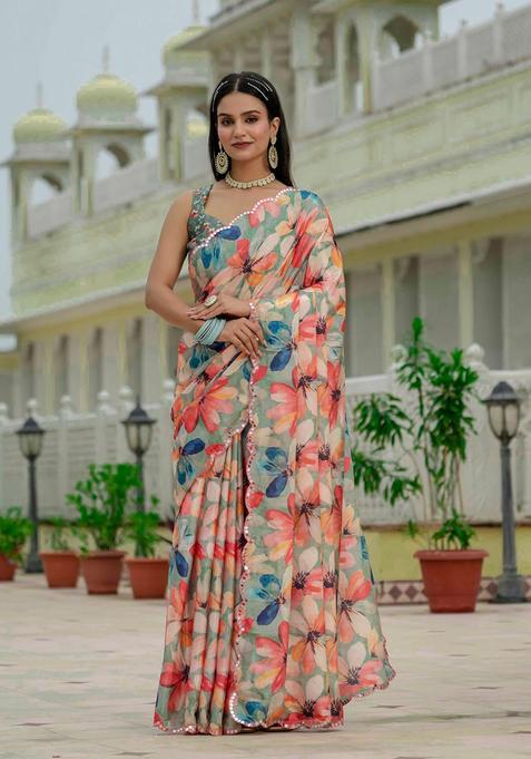 Multicolor Embellished Chinon Saree Set