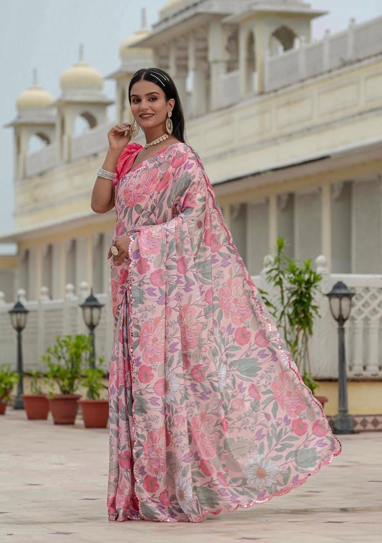 Pink Embellished Chinon Saree Set - Indya