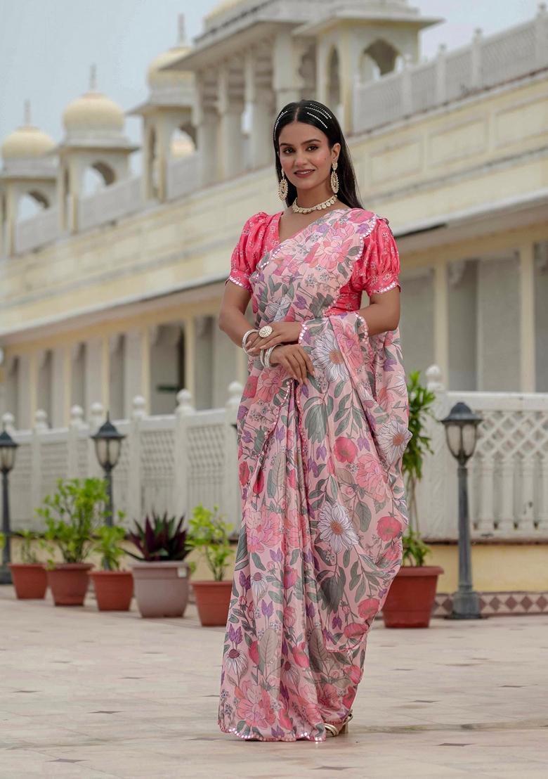 Pink Embellished Chinon Saree Set - Indya