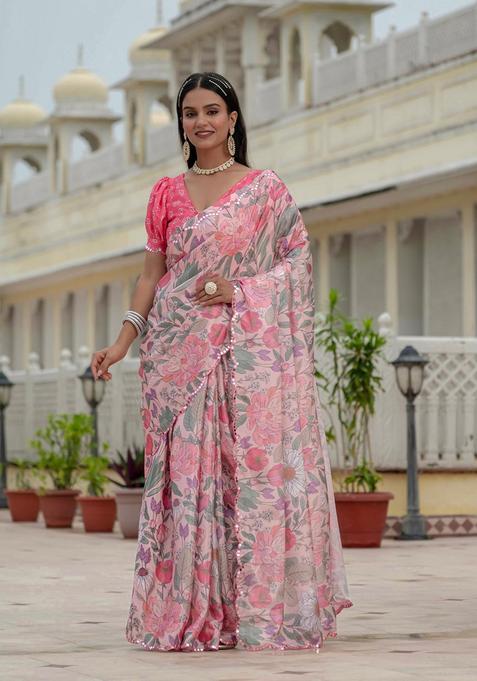 Pink Embellished Chinon Saree Set