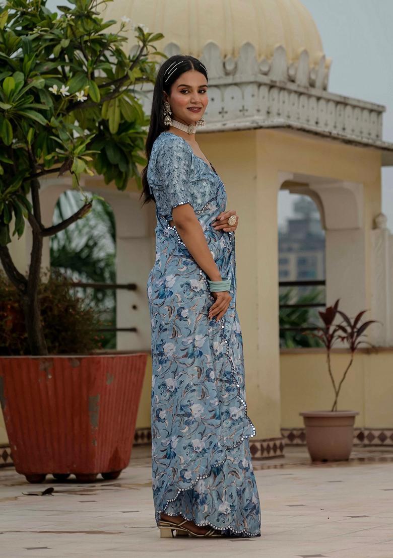 Aqua Embellished Chinon Saree Set - Indya