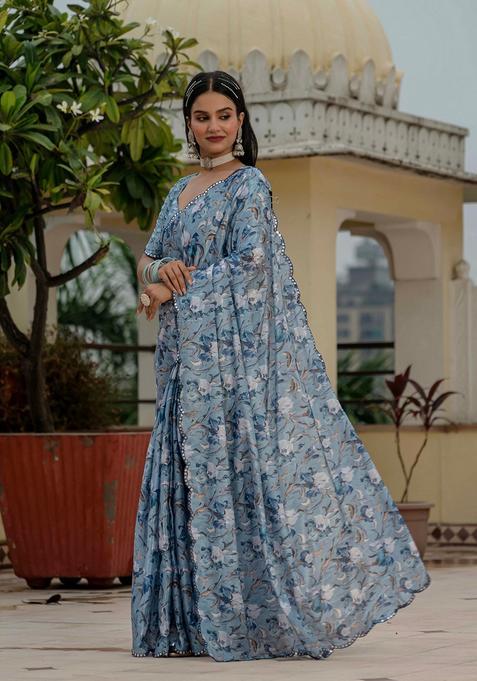 Aqua Embellished Chinon Saree Set