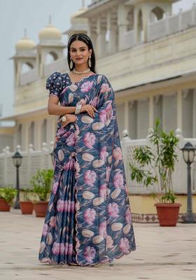 Blue Embellished Chinon Saree Set