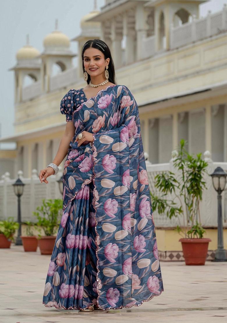 Blue Embellished Chinon Saree Set - Indya