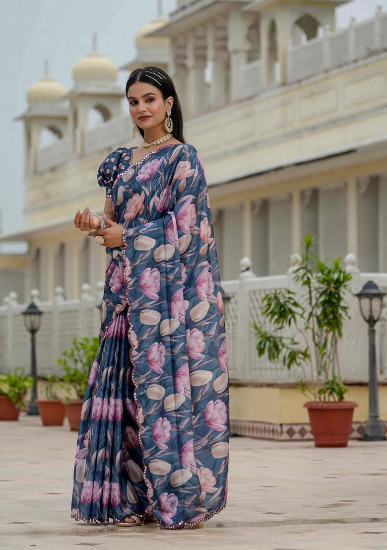 Blue Embellished Chinon Saree Set - Indya