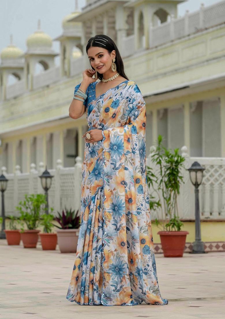 White Embellished Chinon Saree Set - Indya