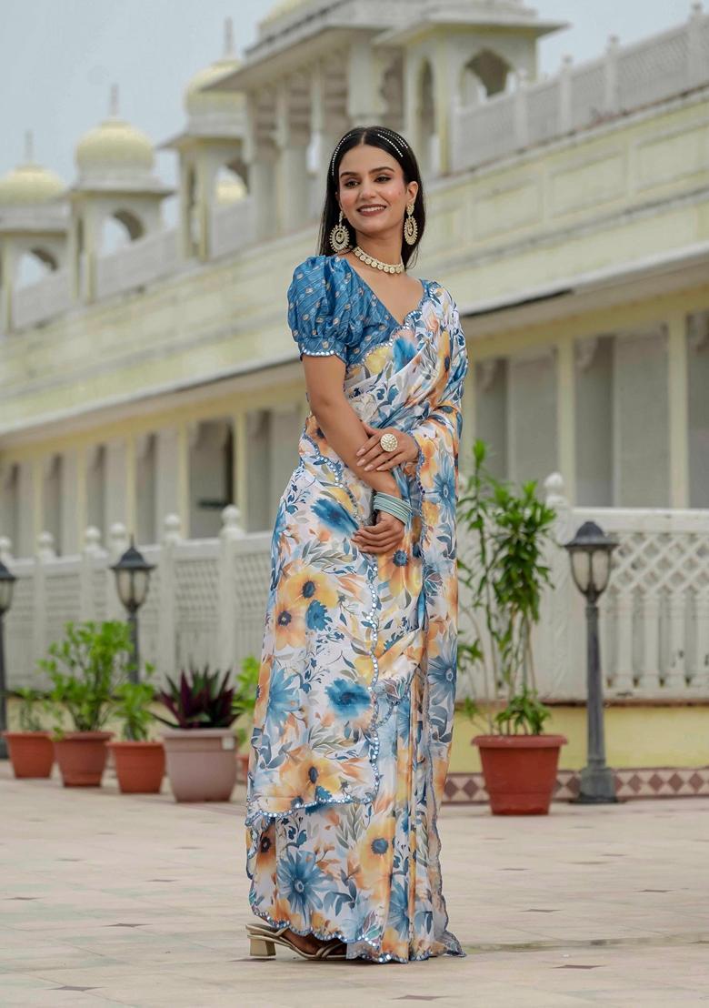 White Embellished Chinon Saree Set - Indya