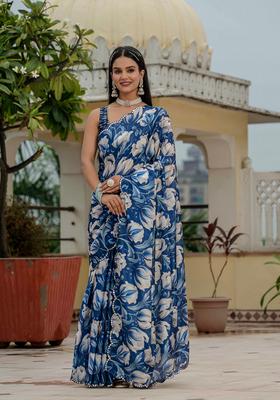Blue Embellished Chinon Saree Set