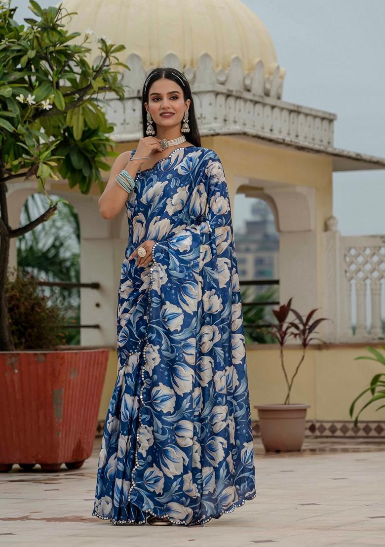 Blue Embellished Chinon Saree Set - Indya