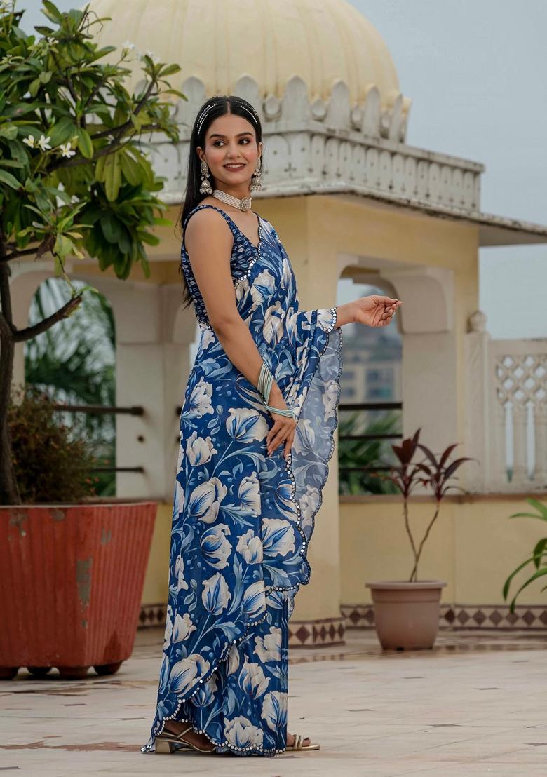 Blue Embellished Chinon Saree Set - Indya