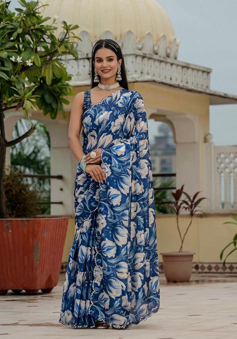 Blue Embellished Chinon Saree Set