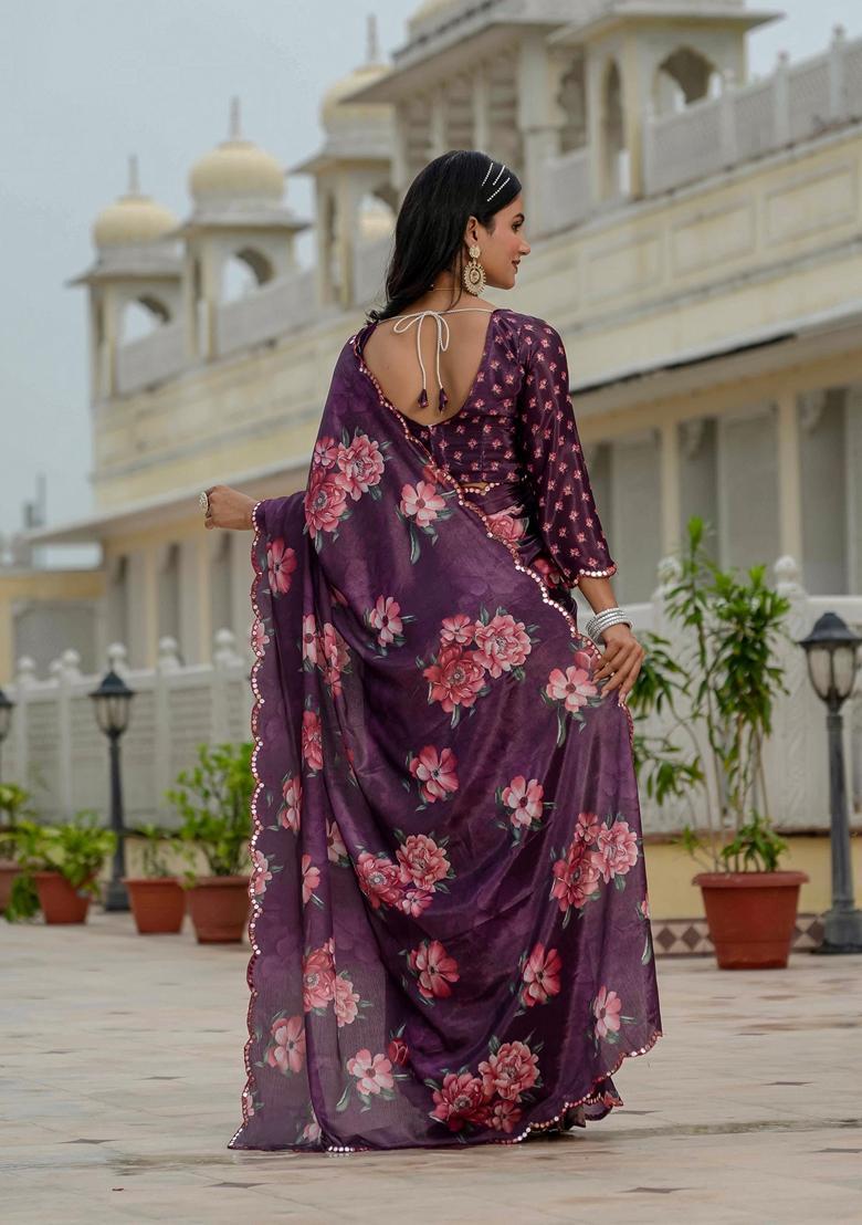 Wine Embellished Chinon Saree Set - Indya