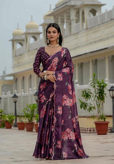 Wine Embellished Chinon Saree Set