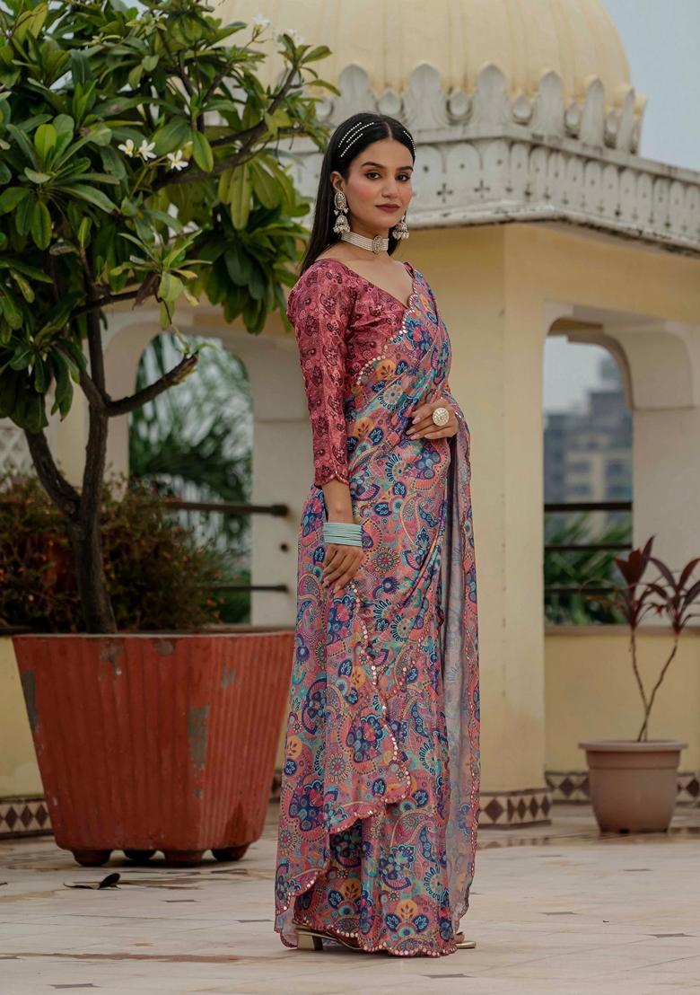 Peach Embellished Chinon Saree Set - Indya