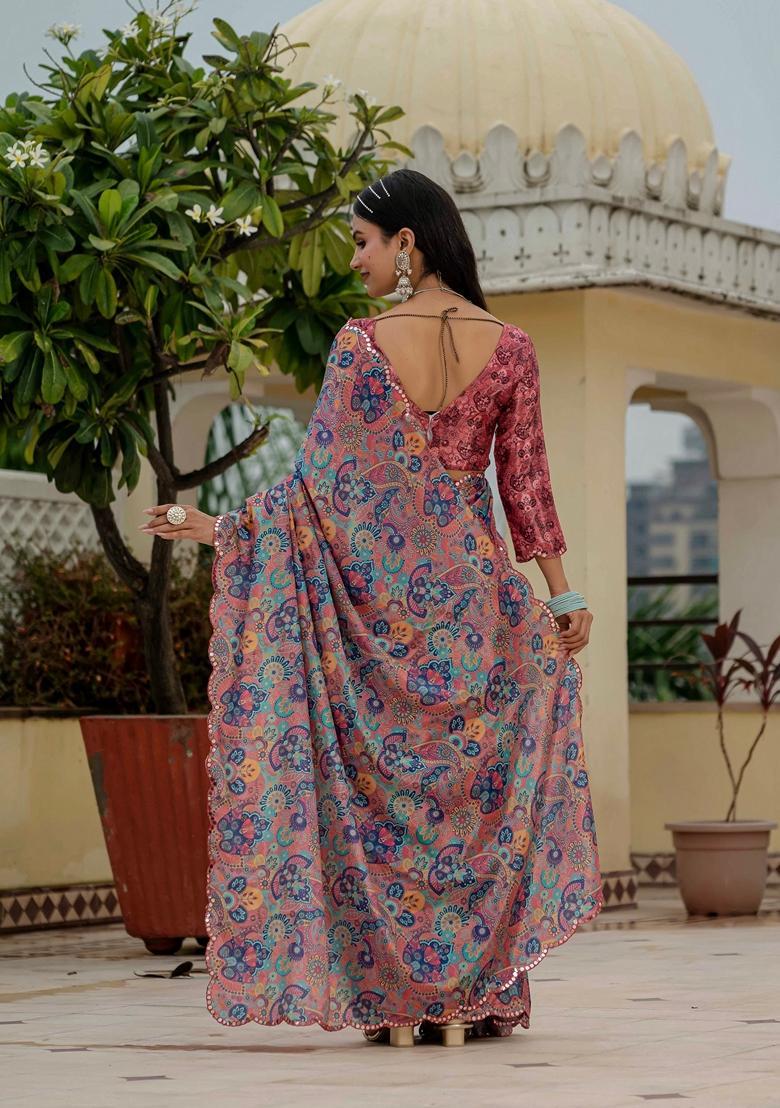 Peach Embellished Chinon Saree Set - Indya