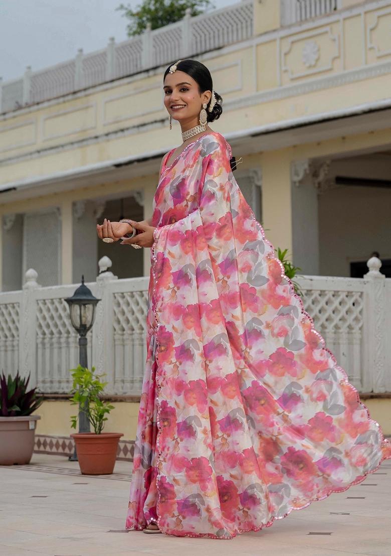 Peach Embellished Chinon Saree Set - Indya