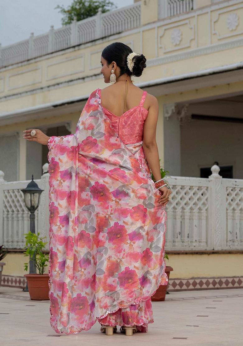 Peach Embellished Chinon Saree Set - Indya