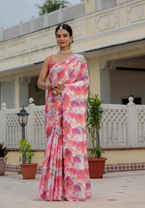 Peach Embellished Chinon Saree Set