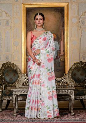 White Embellished Chinon Saree Set