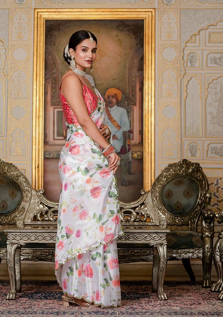 White Embellished Chinon Saree Set - Indya