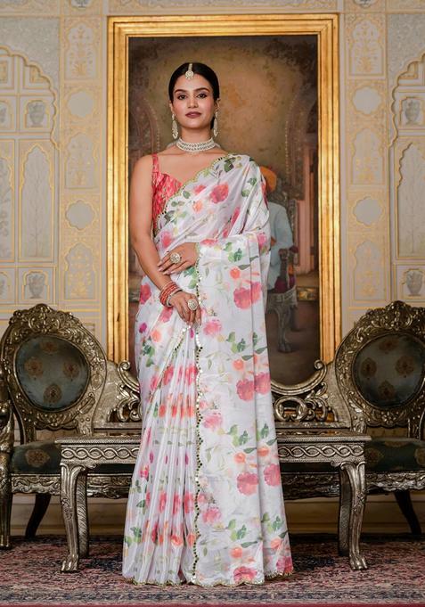 White Embellished Chinon Saree Set