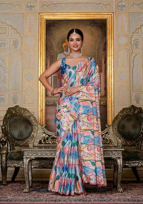 Multicolor Embellished Chinon Saree Set