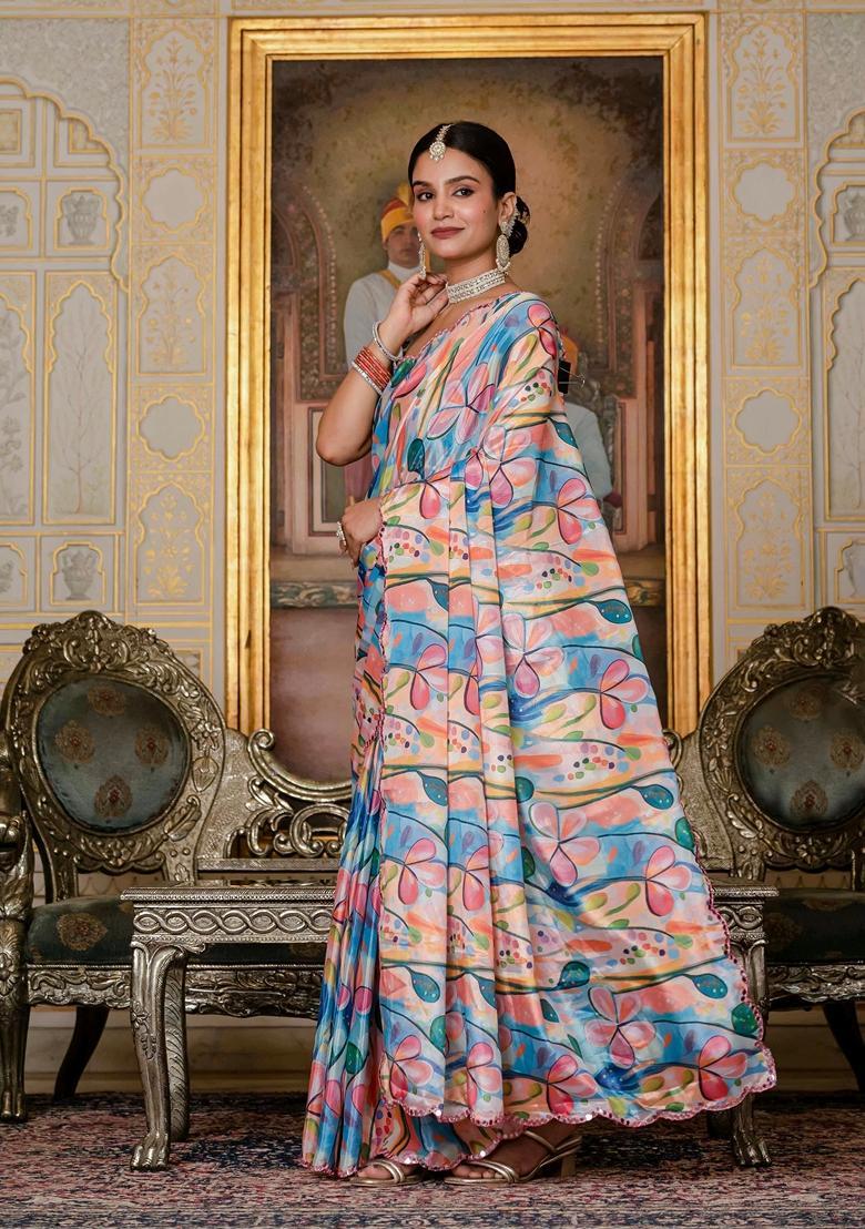 Multicolor Embellished Chinon Saree Set - Indya