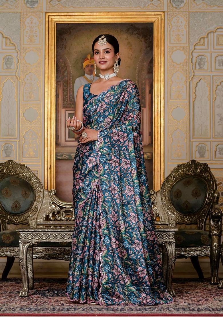 Teal Embellished Chinon Saree Set - Indya
