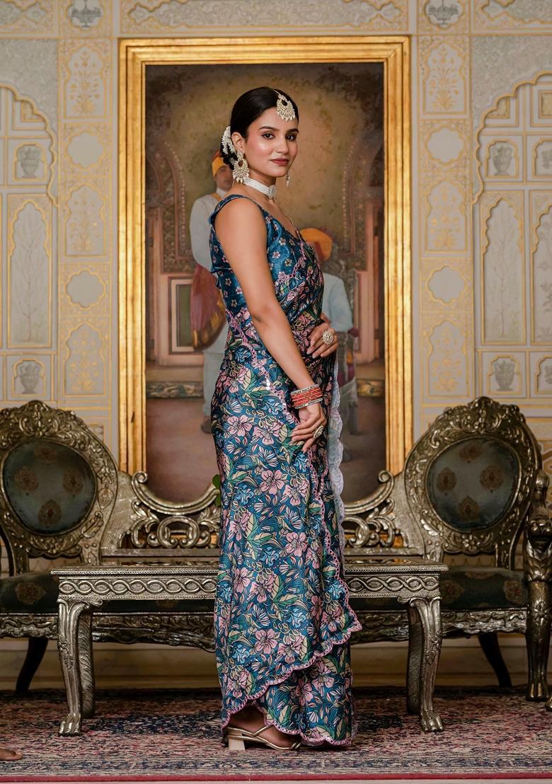 Teal Embellished Chinon Saree Set - Indya