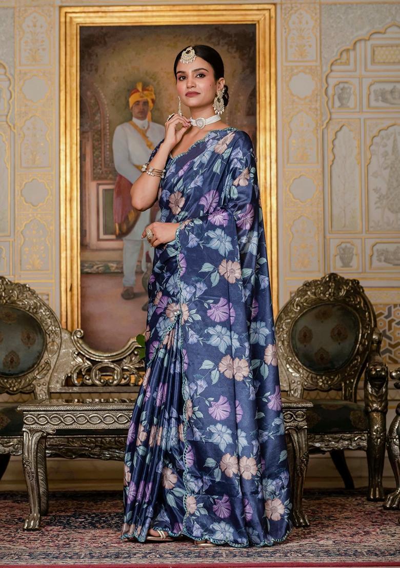 Blue Embellished Chinon Saree Set - Indya