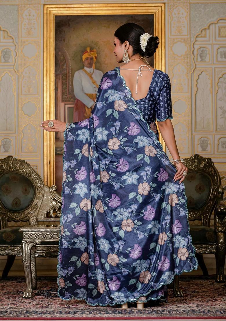 Blue Embellished Chinon Saree Set - Indya