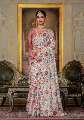 Off White Embellished Chinon Saree Set