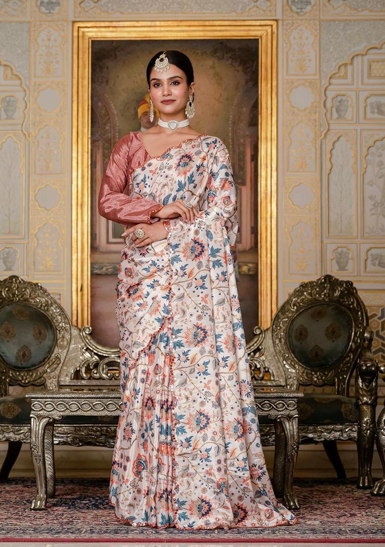 Off White Embellished Chinon Saree Set - Indya
