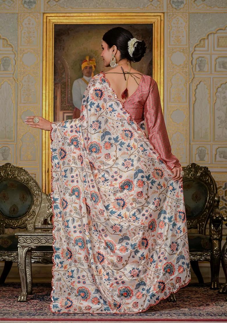 Off White Embellished Chinon Saree Set - Indya