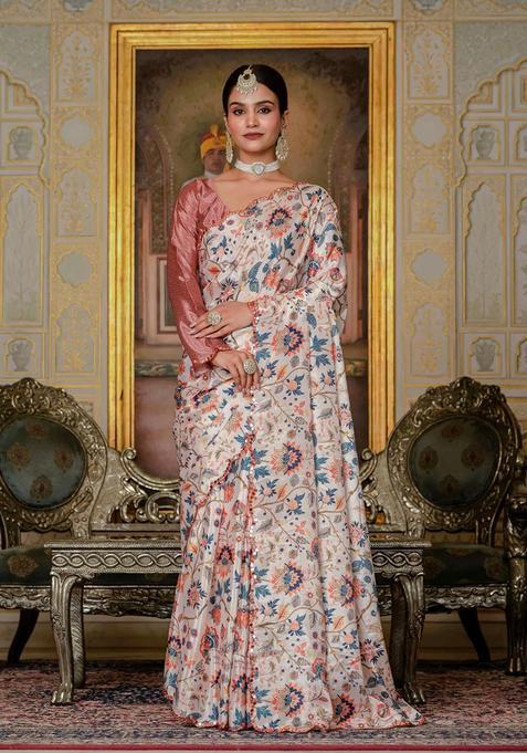 Off White Embellished Chinon Saree Set