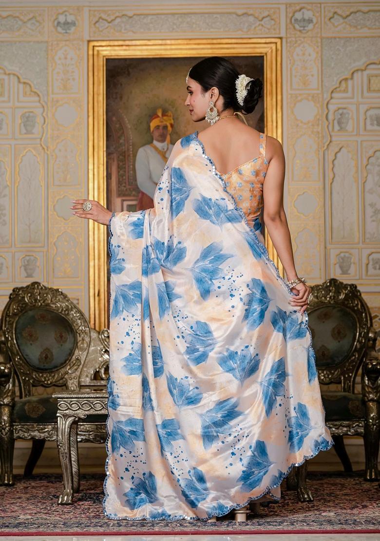 White Embellished Chinon Saree Set - Indya