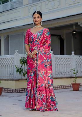 Pink Embellished Chinon Saree Set