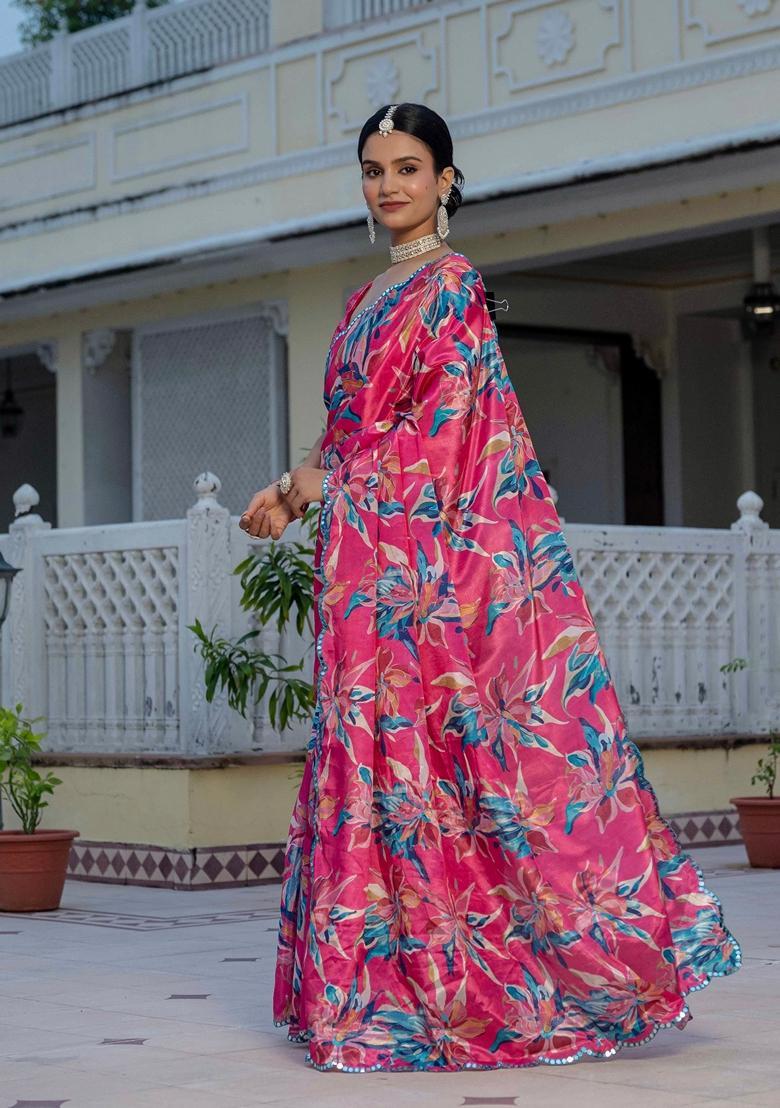 Pink Embellished Chinon Saree Set - Indya