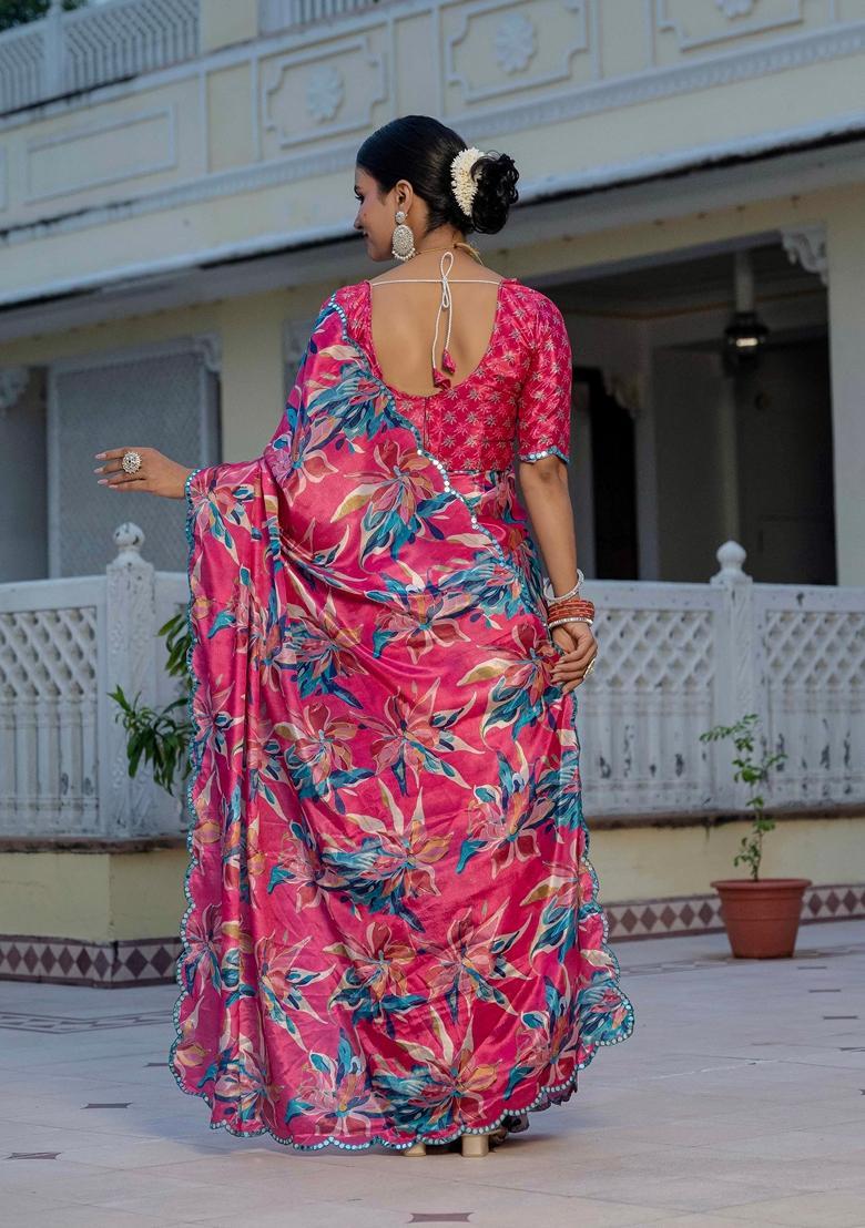 Pink Embellished Chinon Saree Set - Indya