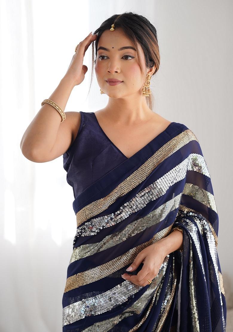 Blue Embellished Georgette Saree Set - Indya