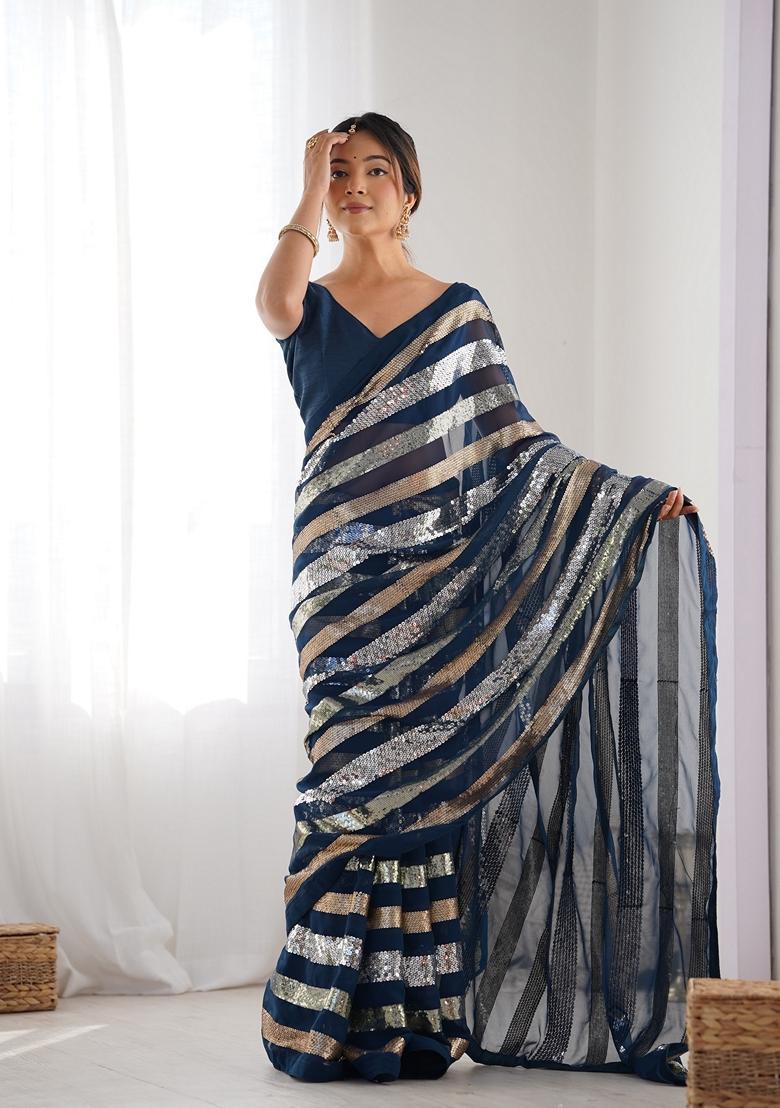 Teal Embellished Georgette Saree Set - Indya