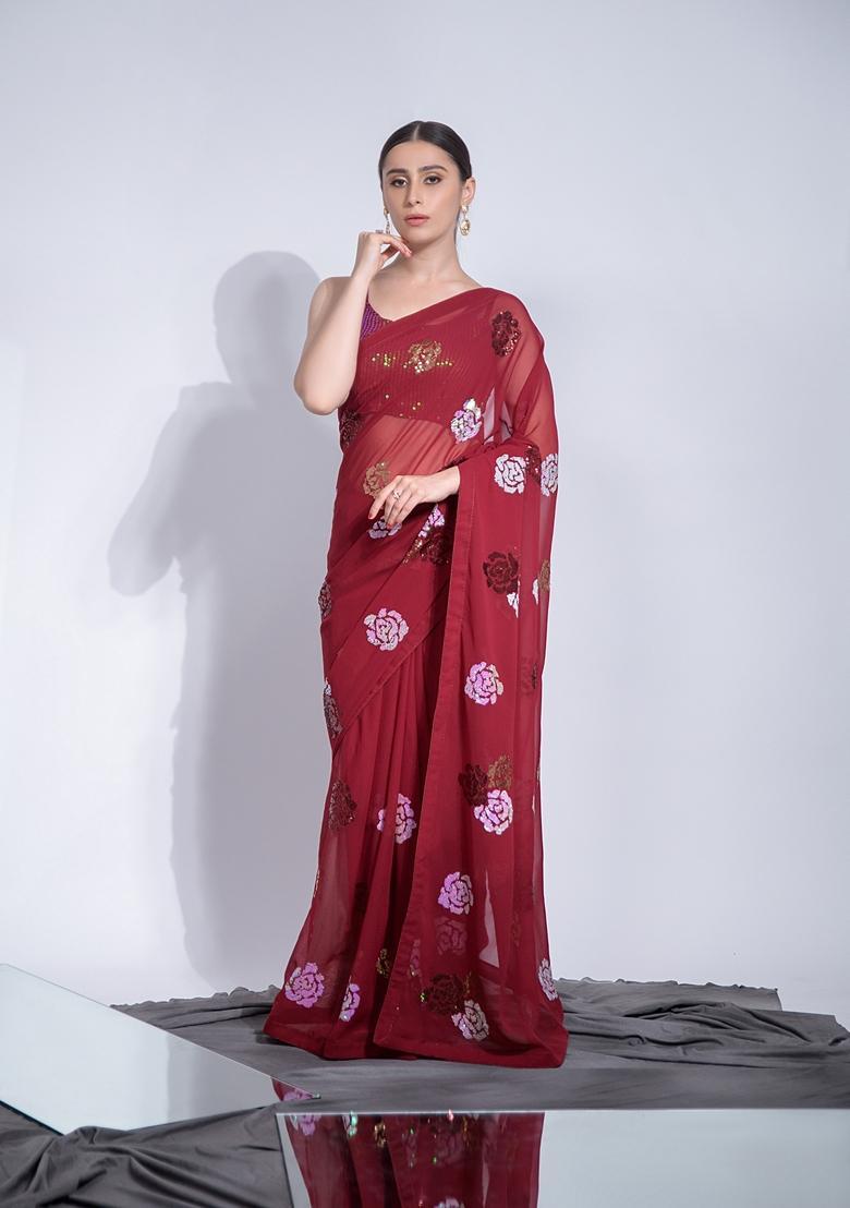 Red Embellished Georgette Saree Set - Indya