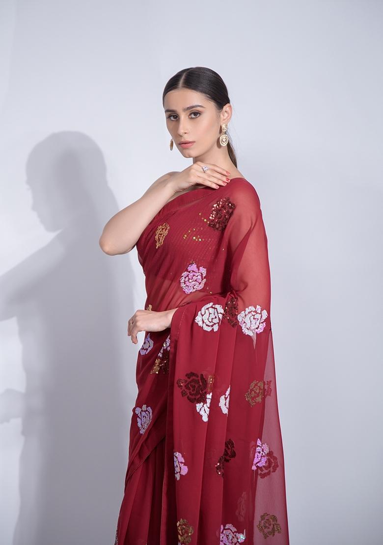 Red Embellished Georgette Saree Set - Indya