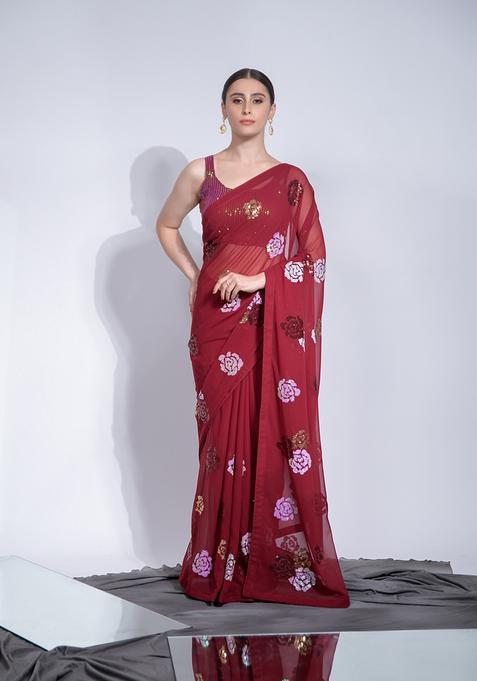 Red Embellished Georgette Saree Set