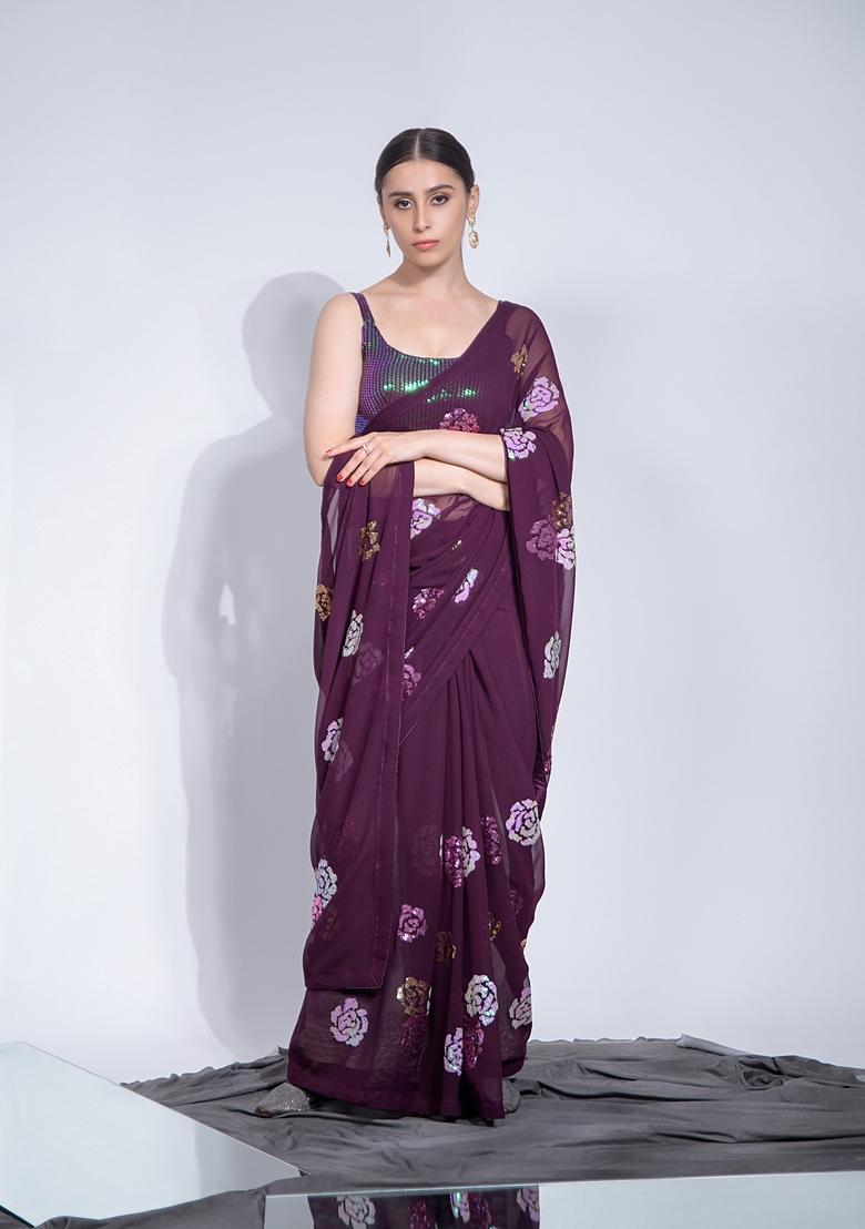 Magenta Embellished Georgette Saree Set - Indya
