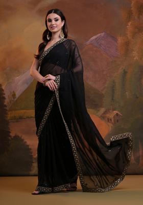 Black Embellished Georgette Saree Set