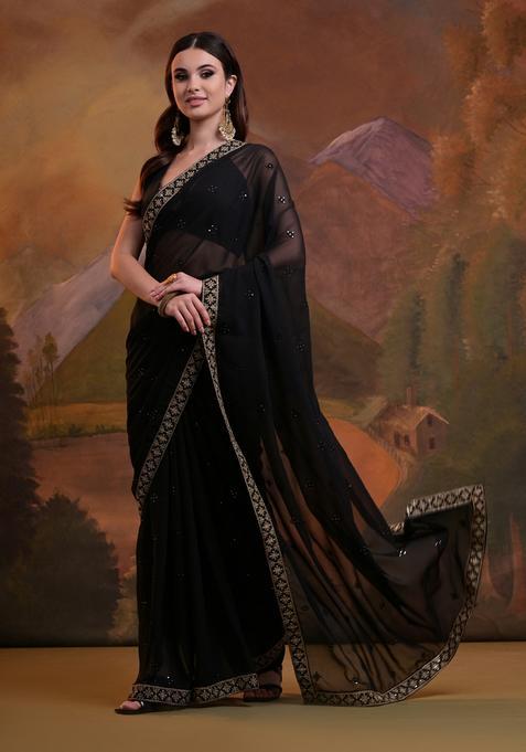Black Embellished Georgette Saree Set