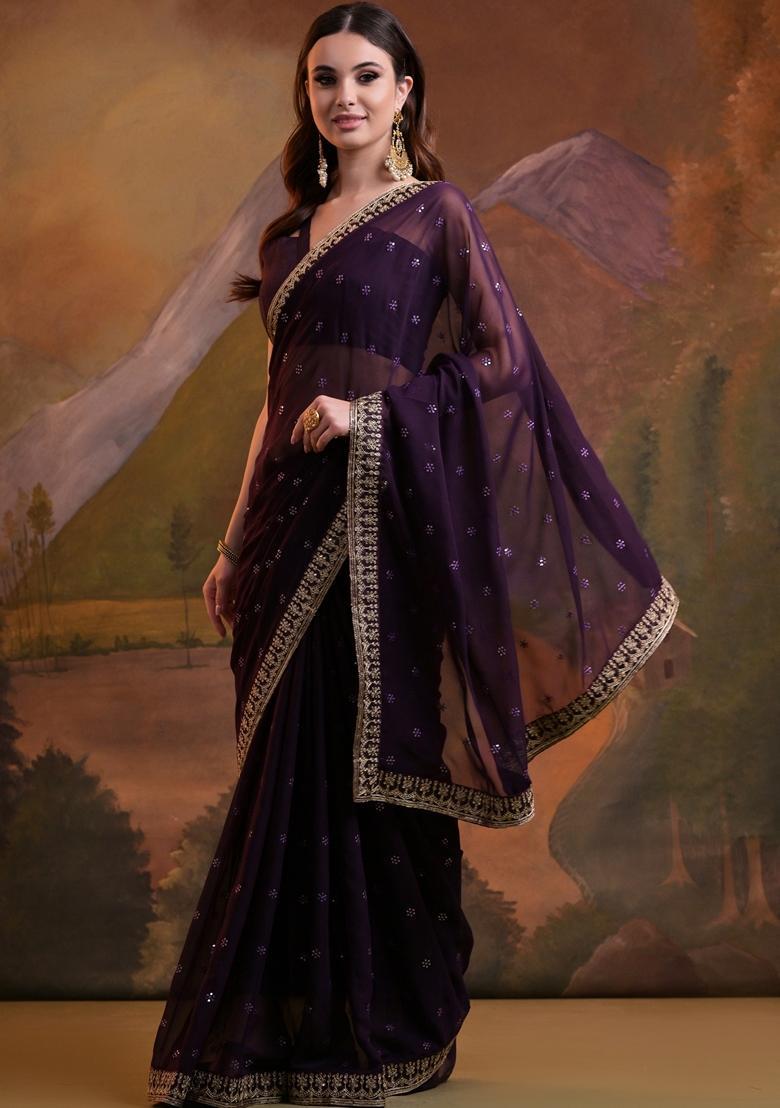 Magenta Embellished Georgette Saree Set - Indya