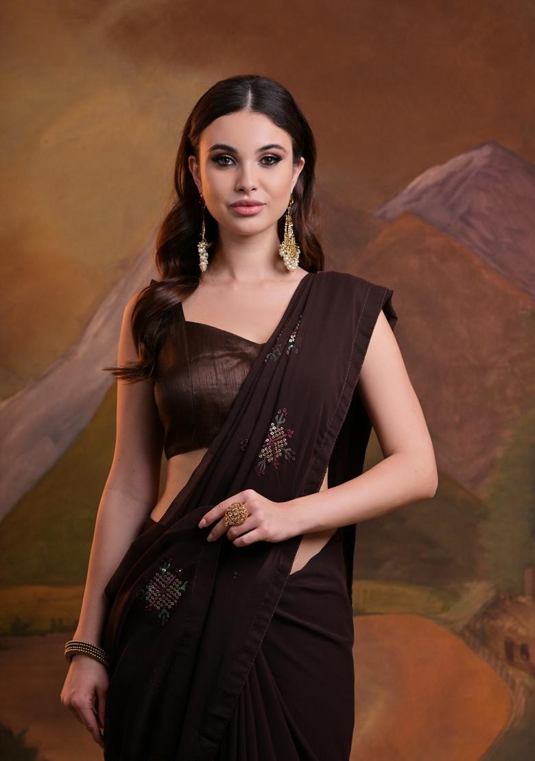 Coffee Embellished Georgette Saree Set - Indya