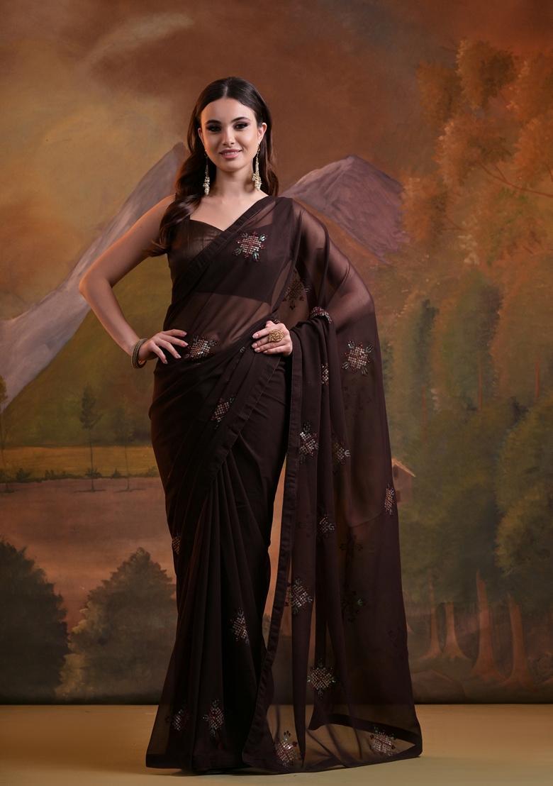 Coffee Embellished Georgette Saree Set - Indya